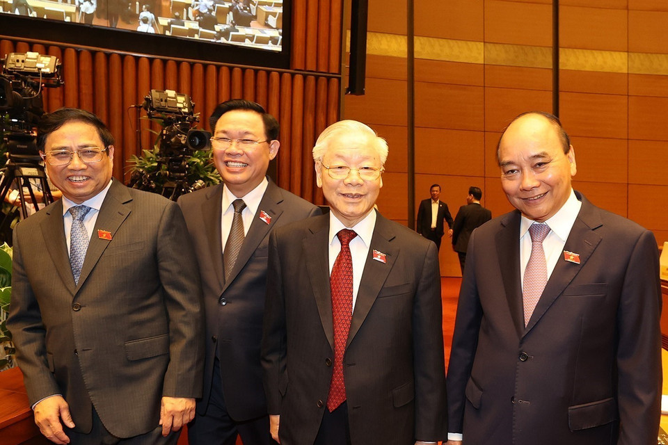  Tổng Bí thư Nguyễn Phú Trọng, Chủ tịch nước Nguyễn Xuân Phúc, Thủ tướng Chính phủ Phạm Minh Chính, Chủ tịch Quốc hội Vương Đình Huệ dự bế mạc Kỳ họp thứ tư, Quốc hội khóa XV. (Ảnh: Trí Dũng/TTXVN)