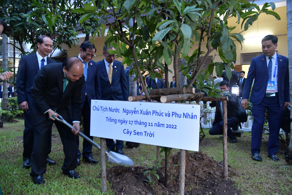 Chủ tịch nước Nguyễn Xuân Phúc trồng cây lưu niệm tại khuôn viên Đại sứ quán. (Ảnh: Huy Tiến/TTXVN)