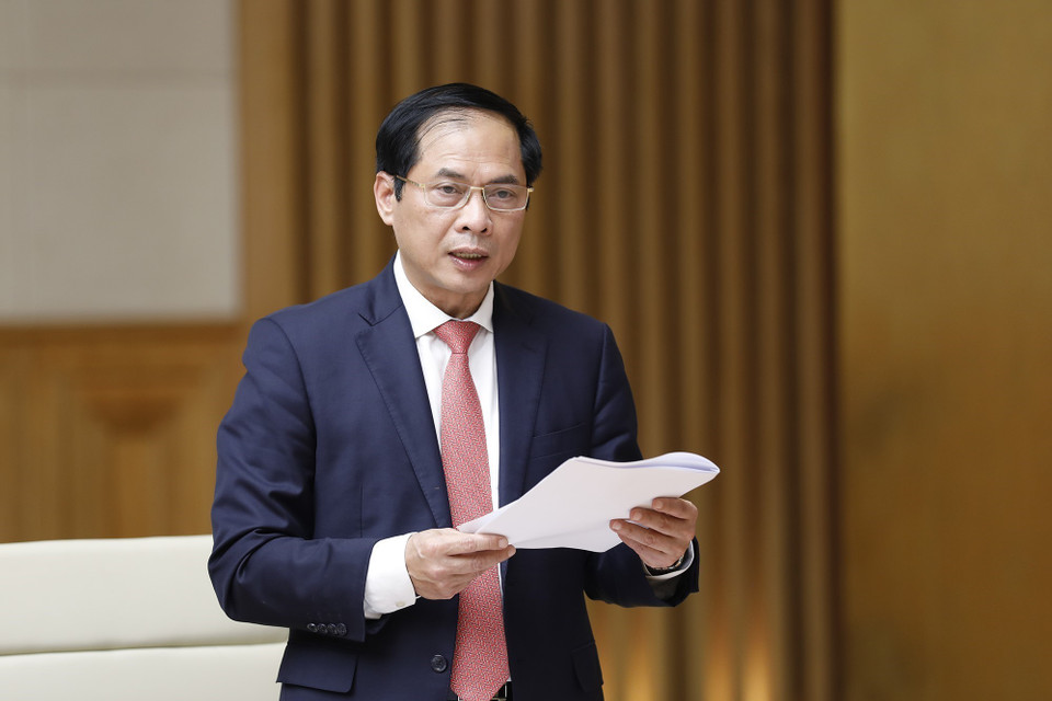 Bộ trưởng Bộ ngoại giao Bùi Thanh Sơn, Tổ trưởng Tổ công tác của Chính phủ về ngoại giao vaccine báo cáo công tác.(Ảnh: Dương Giang/TTXVN)