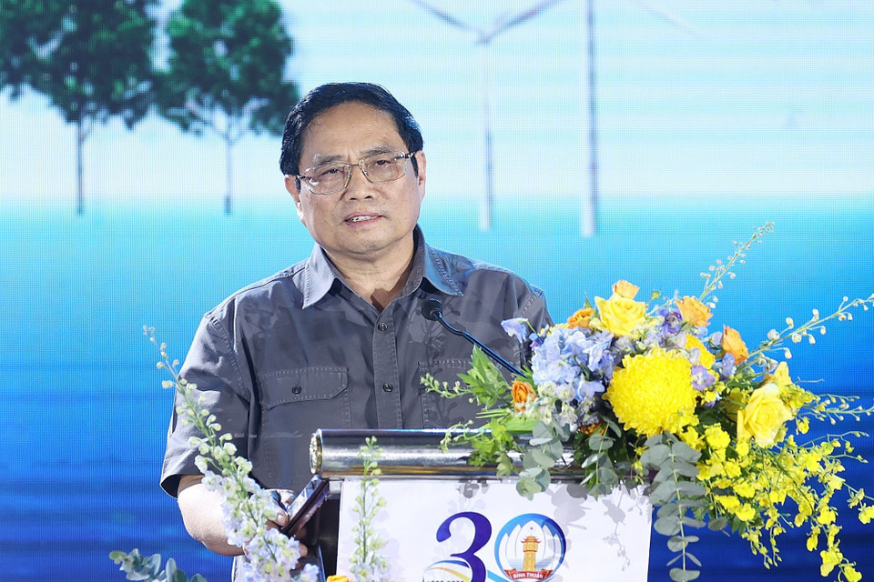 Thủ tướng Phạm Minh Chính phát biểu tại lễ khởi công Khu công nghiệp Sơn Mỹ 1. (Ảnh: Dương Giang/TTXVN)