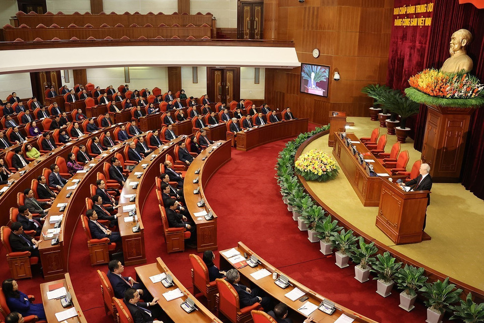 Hình ảnh Tổng Bí thư Nguyễn Phú Trọng phát biểu bế mạc hội nghị.(Ảnh: Trí Dũng/TTXVN)