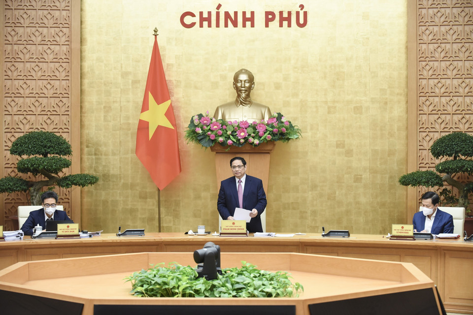 Sáng 4/3, tại trụ sở Chính phủ, Thủ tướng Chính phủ Phạm Minh Chính chủ trì phiên họp Chính phủ chuyên đề xây dựng pháp luật tháng 3 năm 2022. (Ảnh: Dương Giang/TTXVN )