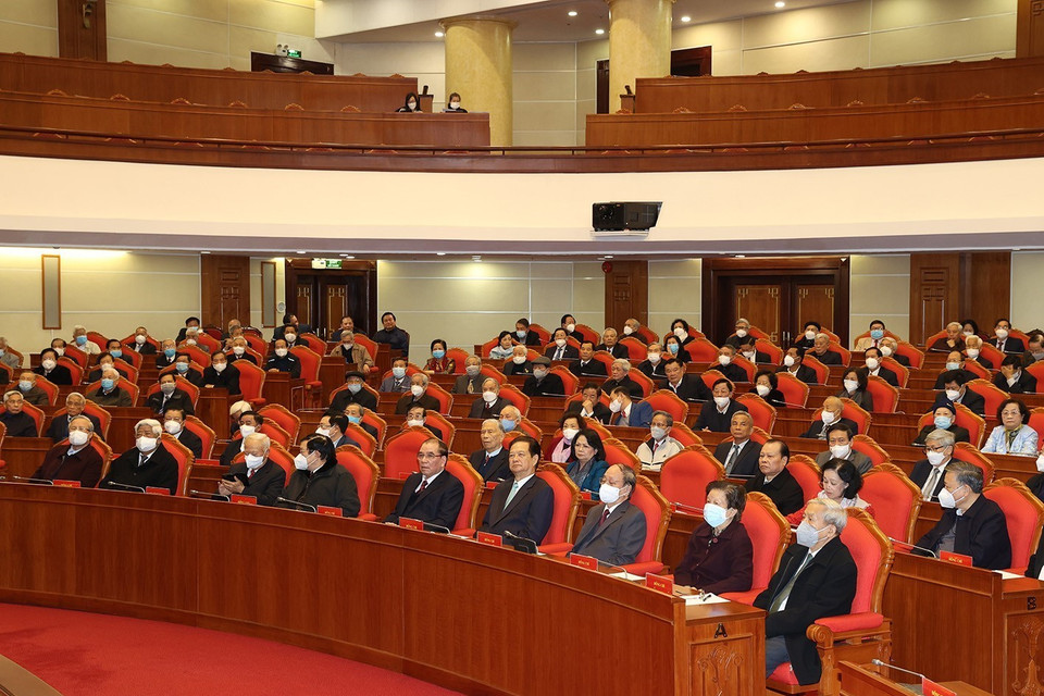 Các đồng chí lãnh đạo, nguyên lãnh đạo cấp cao của Đảng, Nhà nước dự hội nghị. (Ảnh: Trí Dũng/TTXVN)