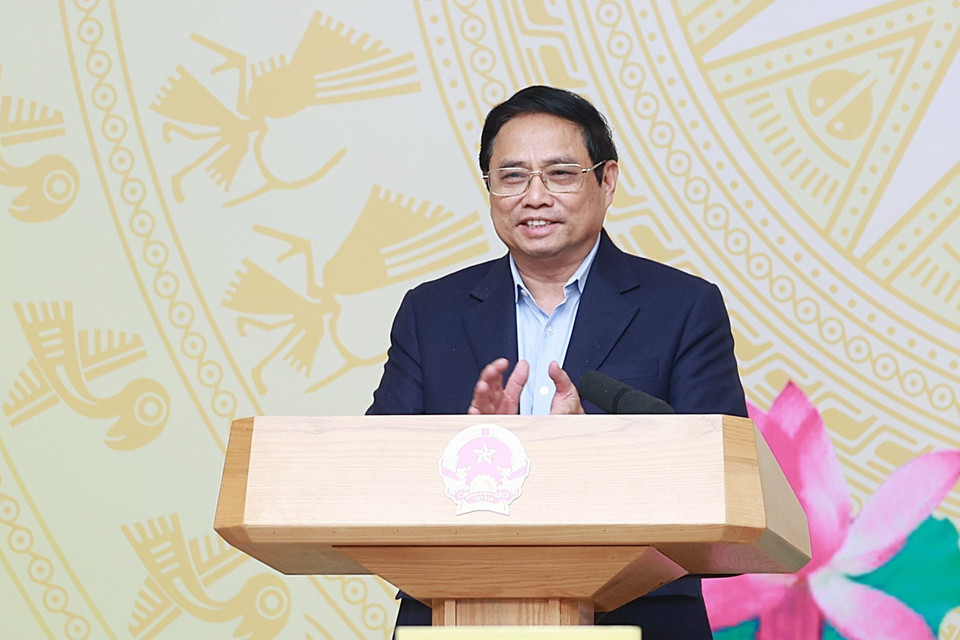 Thủ tướng Phạm Minh Chính phát biểu kết luận phiên họp lần thứ 5 của Ủy ban Quốc gia về chuyển đổi số. (Ảnh: Dương Giang/TTXVN)