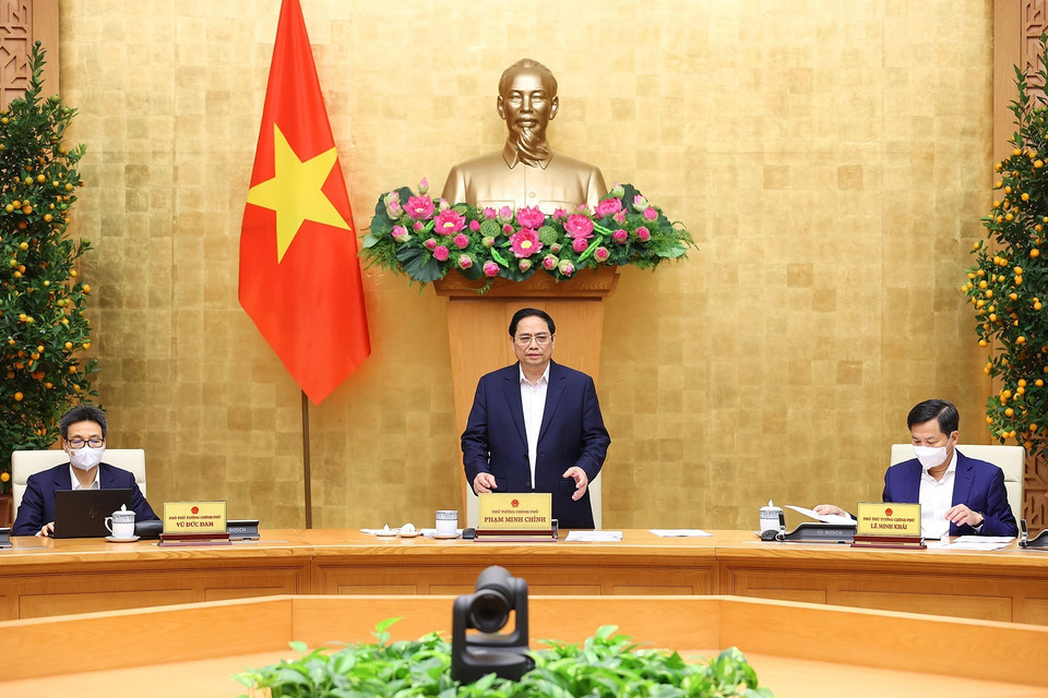 Thủ tướng Phạm Minh Chính phát biểu khai mạc Phiên họp Chính phủ tháng 1/2022. (Ảnh: Dương Giang/TTXVN)