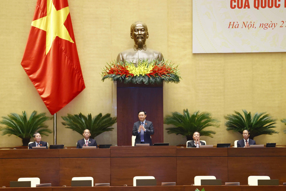 Chủ tịch Quốc hội Vương Đình Huệ chủ trì hội nghị toàn quốc triển khai Chương trình giám sát của Quốc hội năm 2023. (Ảnh: Doãn Tấn/TTXVN)