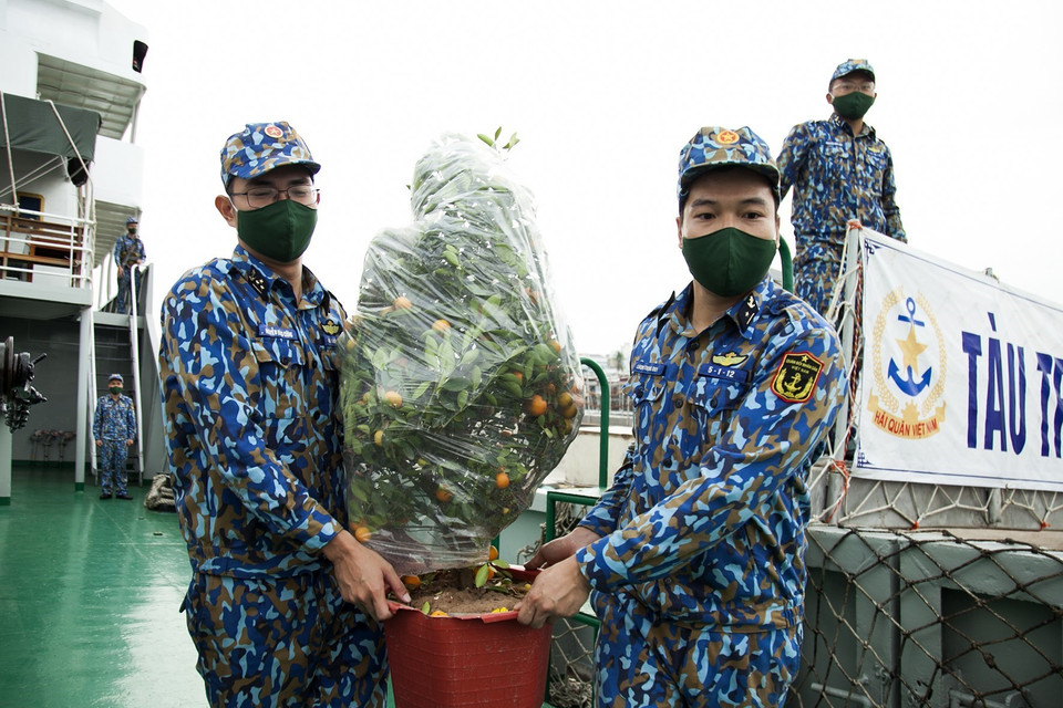 Các chiến sỹ chuyển những cây quất lên tàu để đưa tới các nhà giàn DK1. (Ảnh: Hồng Đạt/TTXVN)