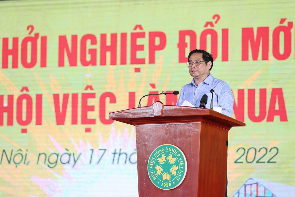 Thủ tướng Phạm Minh Chính phát biểu tại buổi làm việc với Học viện Nông nghiệp Việt Nam. (Ảnh: Dương Giang/TTXVN)