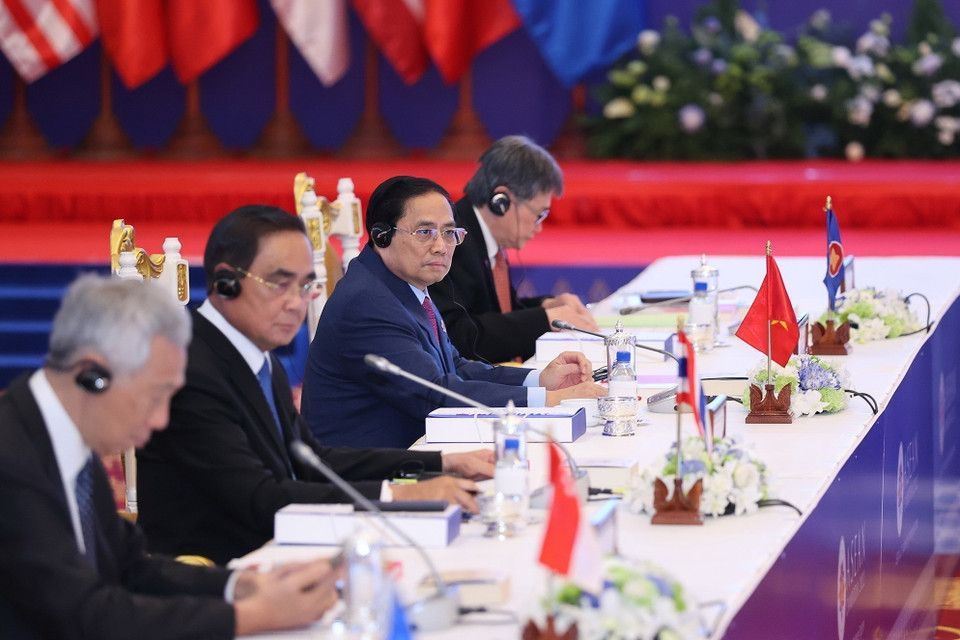  Sáng 12/11, tại Thủ đô Phnom Penh, Campuchia, Thủ tướng Phạm Minh Chính dự Hội nghị Cấp cao ASEAN với các nước đối tác gồm Trung Quốc, Nhật Bản và Hàn Quốc lần thứ 25 (ASEAN+3). (Ảnh: Dương Giang/TTXVN)