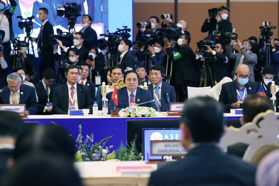 Thủ tướng Phạm Minh Chính dự Hội nghị Cấp cao ASEAN +3 lần thứ 25. (Ảnh: Dương Giang/TTXVN)