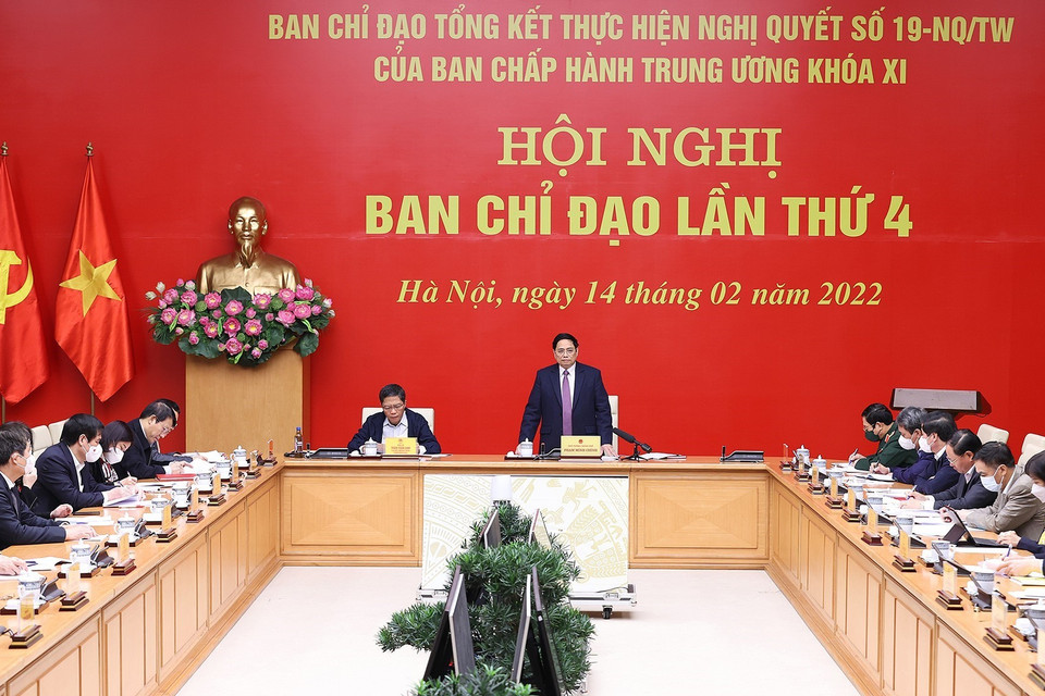 Sáng 14/2, Thủ tướng Phạm Minh Chính chủ trì Hội nghị lần thứ 4 Ban Chỉ đạo Tổng kết thực hiện Nghị quyết số 19-NQ/TW của Ban Chấp hành Trung ương khóa XI về tiếp tục đổi mới chính sách, pháp luật về đất đai. (Ảnh: Dương Giang/TTXVN)