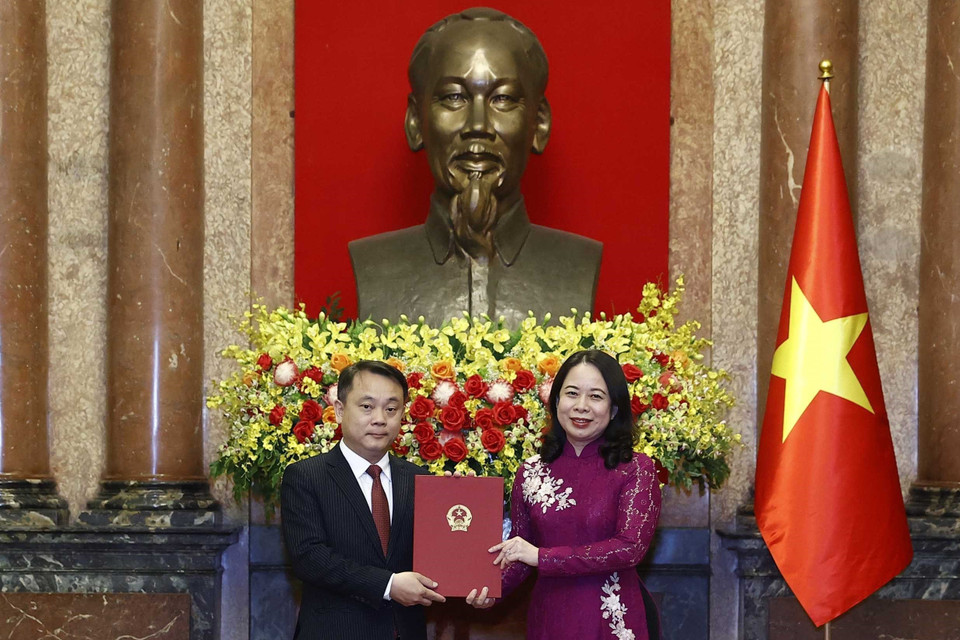 Quyền Chủ tịch nước Võ Thị Ánh Xuân trao Quyết định bổ nhiệm ông Bùi Quốc Hùng làm Đại sứ Đặc mệnh toàn quyền Cộng hòa xã hội chủ nghĩa Việt Nam tại Nigieria. (Ảnh: Thống Nhất/TTXVN)