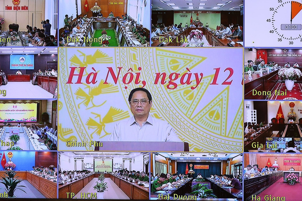 Thủ tướng Phạm Minh Chính chủ trì hội nghị trực tuyến toàn quốc về công tác phòng cháy, chữa cháy tại điểm cầu Chính phủ. (Ảnh: Dương Giang/TTXVN)