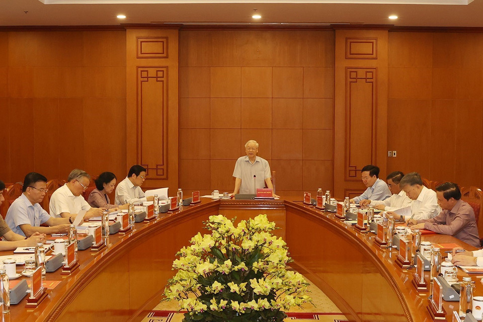 HÌnh ảnh Tổng Bí thư Nguyễn Phú Trọng chủ trì và phát biểu chỉ đạo cuộc họp. (Ảnh: Trí Dũng/TTXVN)