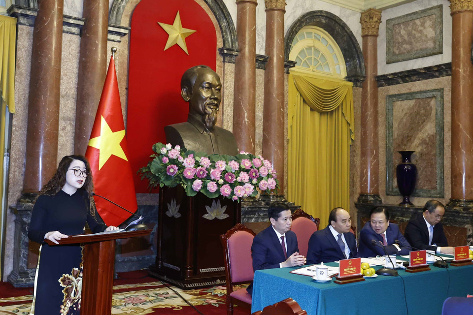 Bà Bùi Thị Thanh Tâm, Chủ tịch Hội đồng thành viên Tổng Công ty Lương thực miền Bắc phát biểu. (Ảnh: Thống Nhất/TTXVN)