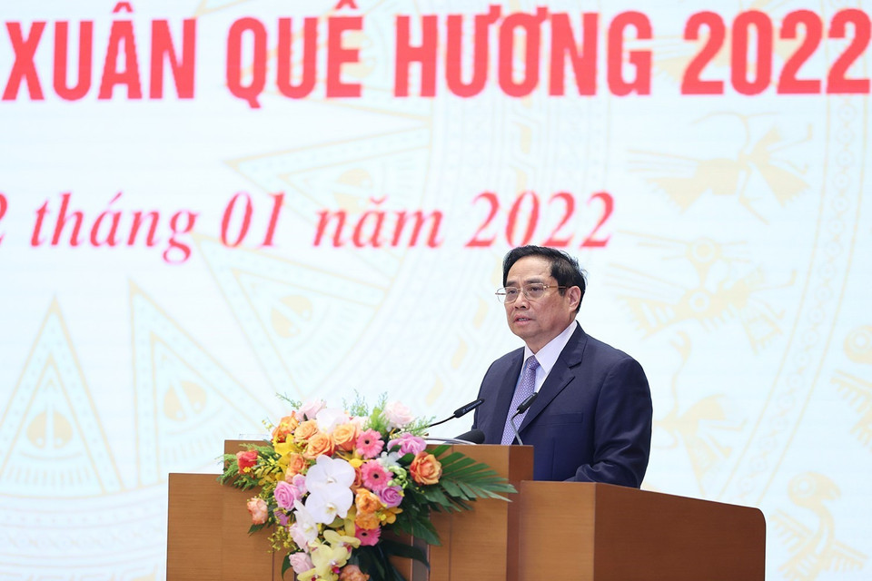 Hình ảnh Thủ tướng Phạm Minh Chính phát biểu tại buổi gặp mặt kiều bào dự Xuân quê hương năm 2022. (Ảnh: Dương Giang/TTXVN)