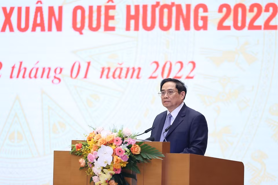 Hình ảnh Thủ tướng Phạm Minh Chính phát biểu tại buổi gặp mặt kiều bào dự Xuân quê hương năm 2022. (Ảnh: Dương Giang/TTXVN)