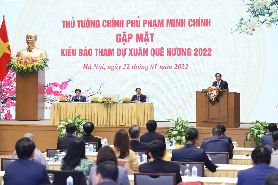 Thủ tướng Phạm Minh Chính phát biểu tại buổi gặp mặt kiều bào dự Xuân quê hương năm 2022. (Ảnh: Dương Giang/TTXVN)