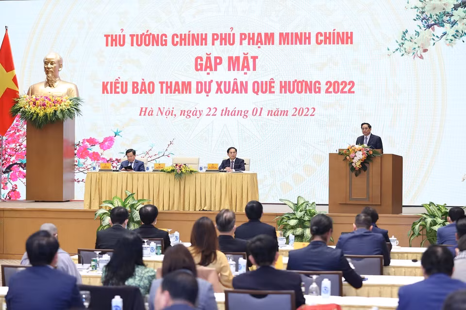 Thủ tướng Phạm Minh Chính phát biểu tại buổi gặp mặt kiều bào dự Xuân quê hương năm 2022. (Ảnh: Dương Giang/TTXVN)