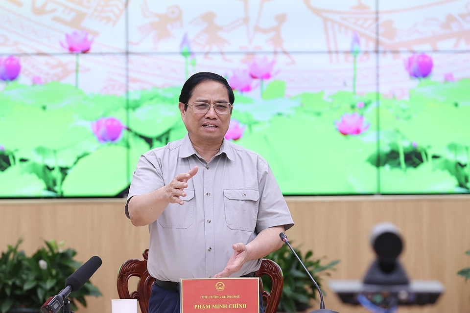 Thủ tướng Phạm Minh Chính phát biểu tại buổi làm việc với lãnh đạo chủ chốt thành phố Cần Thơ. (Ảnh: Dương Giang/TTXVN)