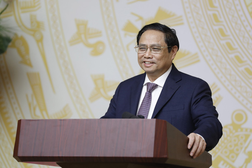 Thủ tướng Phạm Minh Chính phát biểu động viên, chúc mừng các nhà giáo. (Ảnh: Dương Giang/TTXVN)