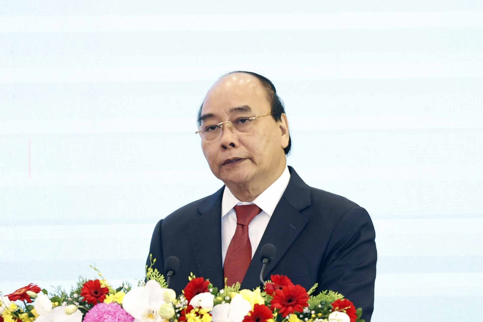 Chủ tịch nước Nguyễn Xuân Phúc phát biểu tại lễ kỷ niệm. (Ảnh: Thống Nhất/TTXVN)