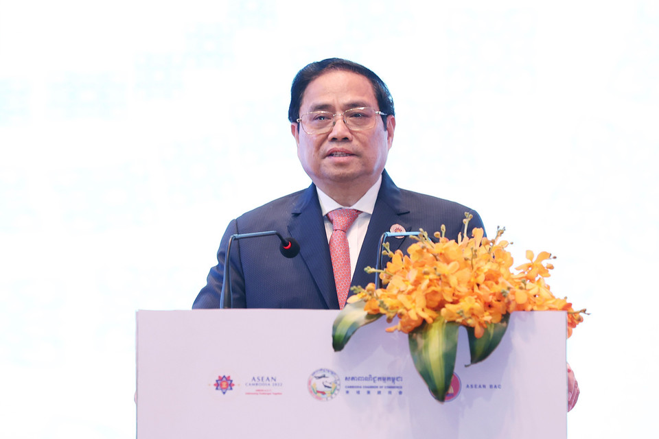 Thủ tướng Phạm Minh Chính phát biểu tại Hội nghị thượng đỉnh kinh doanh và đầu tư ASEAN 2022. (Ảnh: Dương Giang/TTXVN)