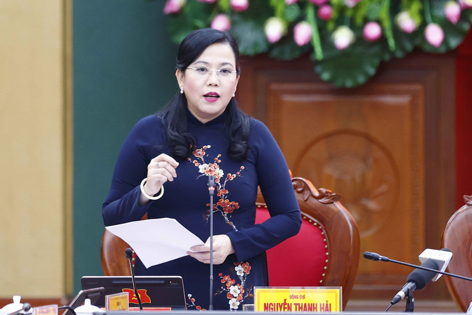 Bà Nguyễn Thanh Hải, Ủy viên Trung ương Đảng, Bí thư Tỉnh ủy, Trưởng Đoàn đại biểu Quốc hội tỉnh Thái Nguyên phát biểu. (Ảnh: Doãn Tấn/TTXVN)