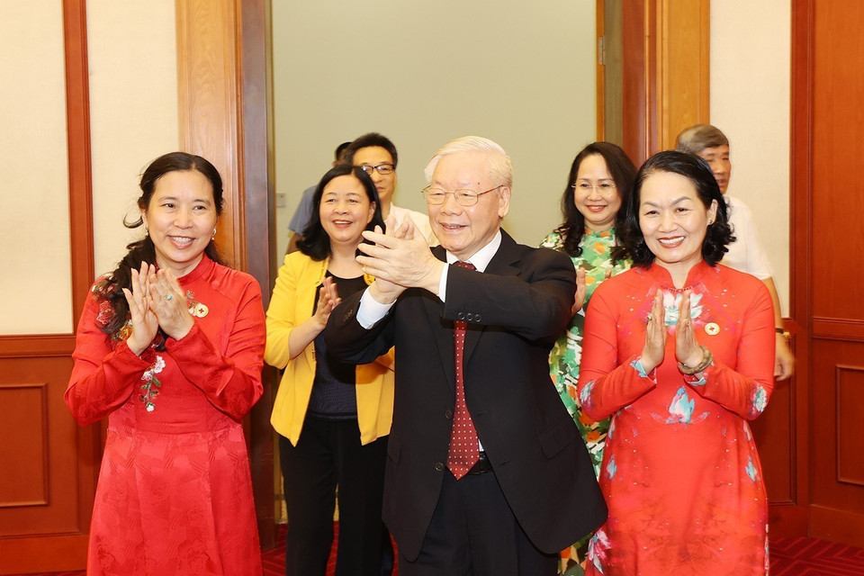 Tổng Bí thư Nguyễn Phú Trọng đến dự buổi gặp mặt. (Ảnh: Trí Dũng/TTXVN)