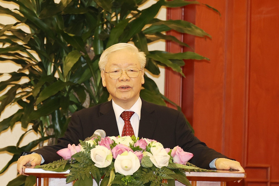 Tổng Bí thư Nguyễn Phú Trọng phát biểu tại buổi gặp mặt. (Ảnh: Trí Dũng/TTXVN)