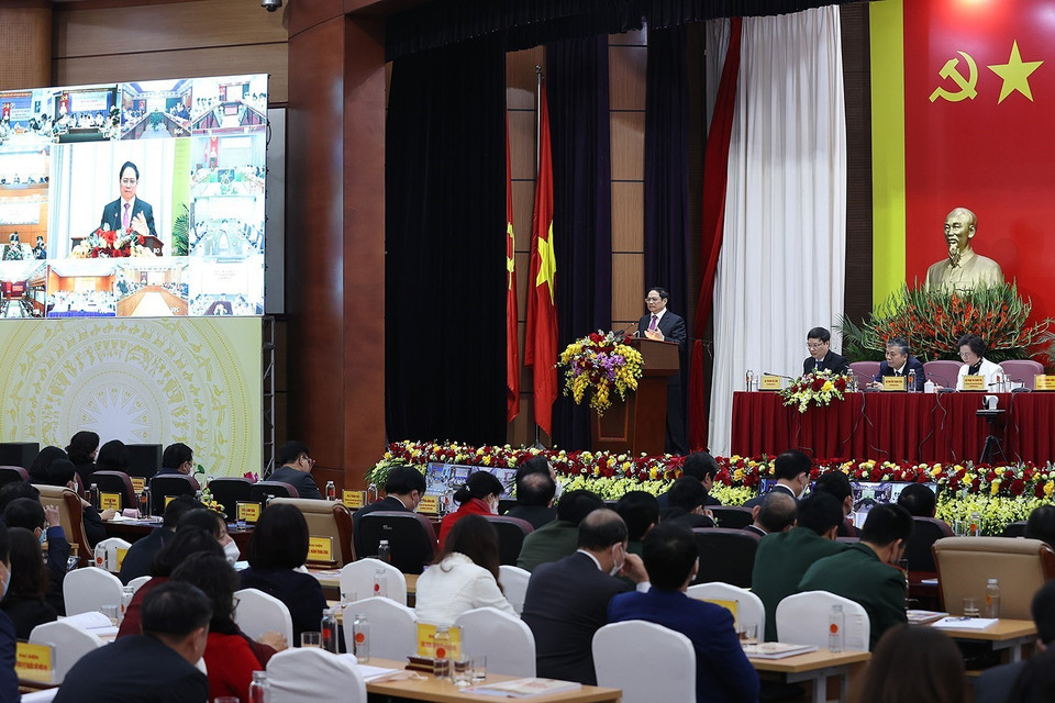 Thủ tướng Phạm Minh Chính chỉ đạo hội nghị. (Ảnh: Dương Giang/TTXVN)