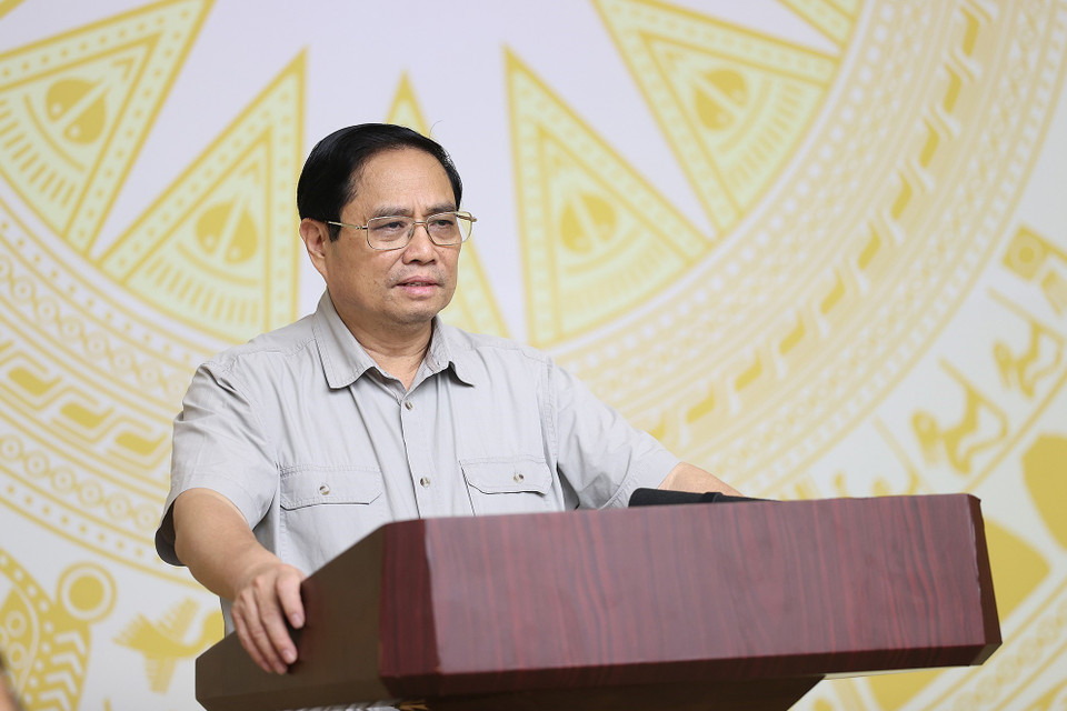 Hình ảnh Thủ tướng Phạm Minh Chính phát biểu tại điểm cầu Trụ sở Chính phủ. (Ảnh: Dương Giang/TTXVN)