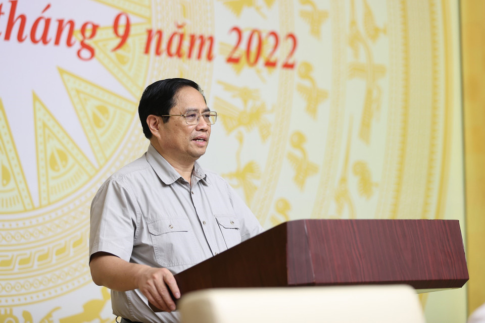 Thủ tướng Phạm Minh Chính phát biểu tại điểm cầu Trụ sở Chính phủ. (Ảnh: Dương Giang/TTXVN)