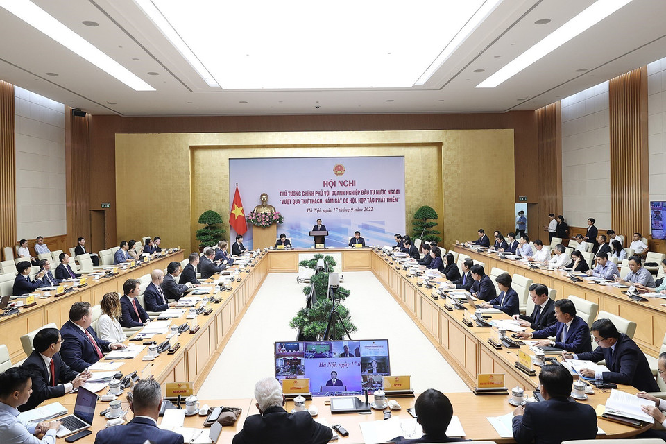 Sáng 17/9, tại Hà Nội, Thủ tướng Phạm Minh Chính chủ trì Hội nghị Thủ tướng Chính phủ với doanh nghiệp đầu tư nước ngoài. (Ảnh: Dương Giang/TTXVN)