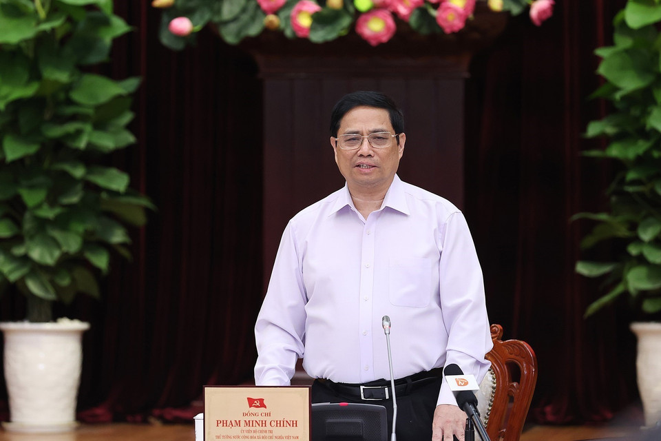 Thủ tướng Phạm Minh Chính phát biểu tại buổi làm việc với lãnh đạo chủ chốt thành phố Đà Nẵng. (Ảnh: Dương Giang/TTXVN)