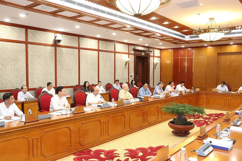 Tổng Bí thư Nguyễn Phú Trọng chủ trì họp Bộ Chính trị, Ban Bí thư cho ý kiến các đề án. (Ảnh: Trí Dũng/TTXVN)