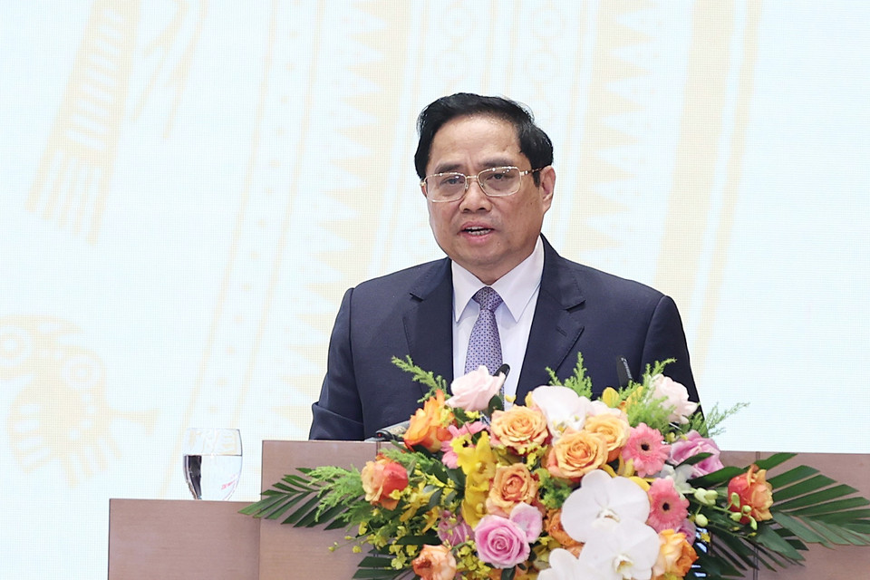 Thủ tướng Phạm Minh Chính phát biểu tại buổi gặp mặt kiều bào dự Xuân quê hương năm 2022. (Ảnh: Dương Giang/TTXVN)