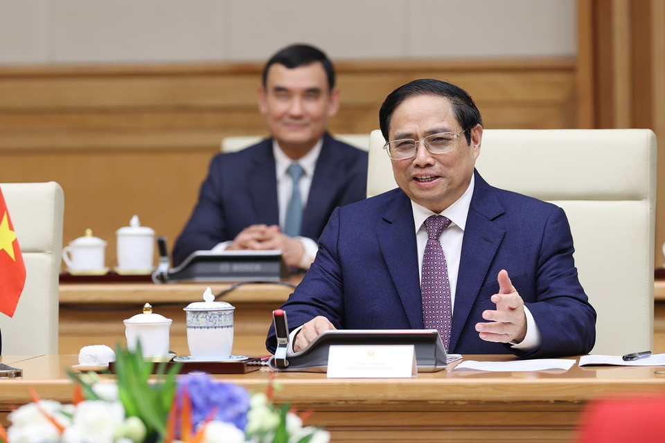 Thủ tướng Phạm Minh Chính phát biểu tại buổi hội đàm với Thủ tướng New Zealand Jacinda Ardern. (Ảnh: Dương Giang/TTXVN)