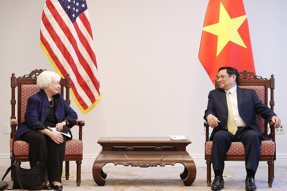 Thủ tướng Phạm Minh Chính tiếp bà Janet Yellen, Bộ trưởng Tài chính Hoa Kỳ. (Ảnh: Dương Giang/TTXVN)