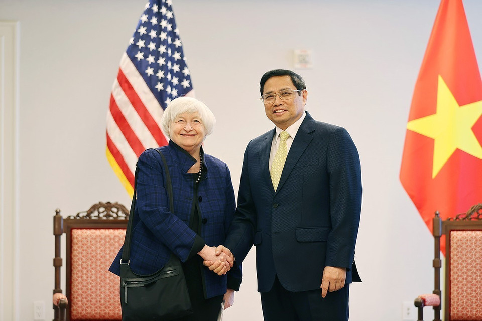 Thủ tướng Phạm Minh Chính tiếp bà Janet Yellen, Bộ trưởng Tài chính Hoa Kỳ. (Ảnh: Dương Giang/TTXVN)