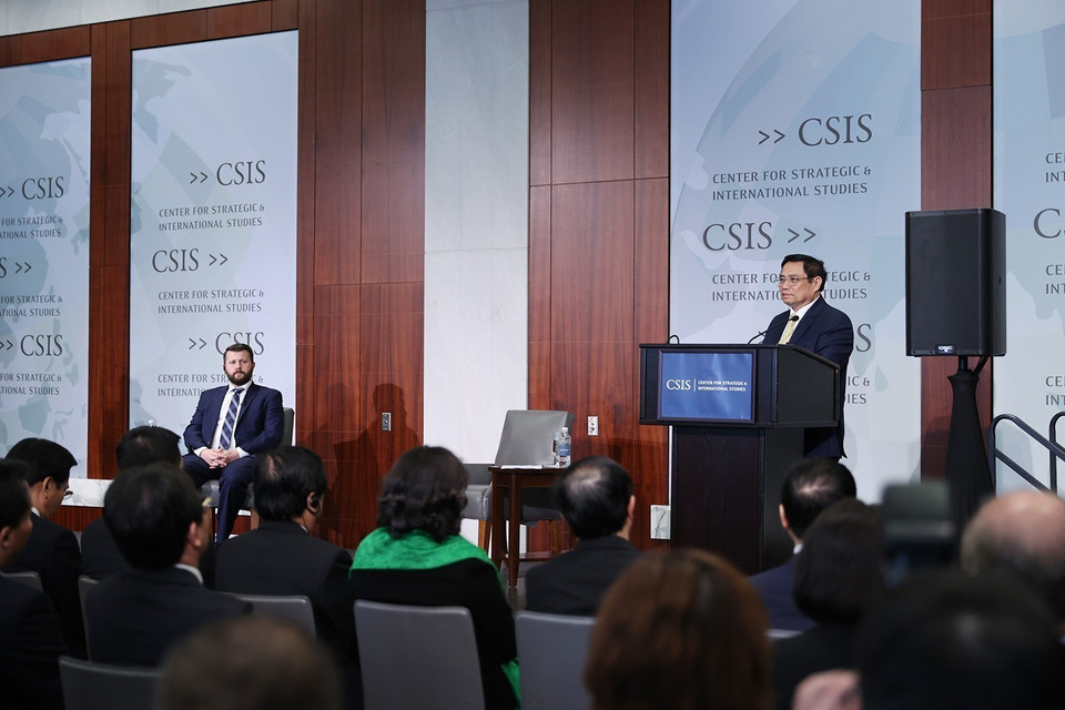 Thủ tướng Phạm Minh Chính phát biểu về chính sách của Việt Nam tại Viện Nghiên cứu Chiến lược quốc tế Hoa Kỳ (CSIS). (Ảnh: Dương Giang/TTXVN)
