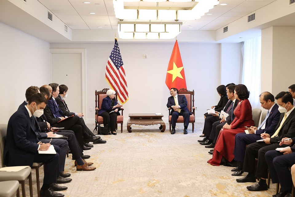 Hình ảnh Thủ tướng Phạm Minh Chính tiếp bà Janet Yellen, Bộ trưởng Tài chính Hoa Kỳ. (Ảnh: Dương Giang/TTXVN)