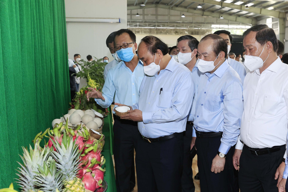 Chủ tịch nước Nguyễn Xuân Phúc nghe giới thiệu về các nông sản của Hợp tác xã Mỹ Tịnh An, huyện Chợ Gạo. (Ảnh: Thống Nhất/TTXVN)