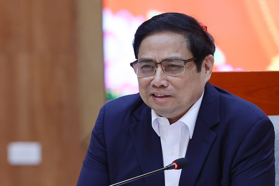 Thủ tướng Phạm Minh Chính chủ trì buổi làm việc với lãnh đạo chủ chốt tỉnh Khánh Hòa. (Ảnh: Dương Giang/TTXVN)