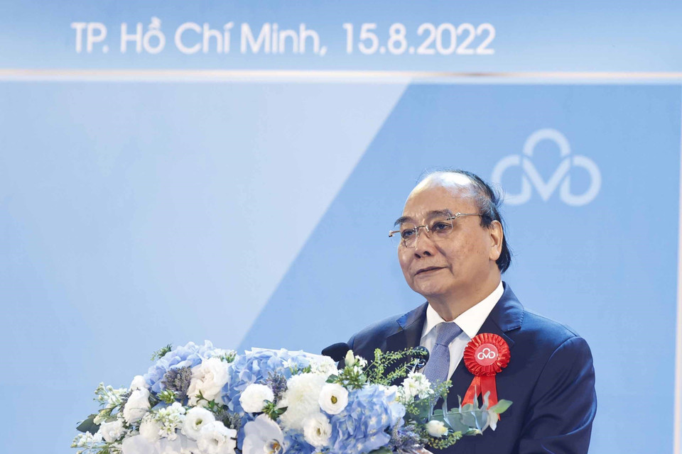 Hình ảnh Chủ tịch nước Nguyễn Xuân Phúc phát biểu tại lễ khai trương Trung tâm dữ liệu CMC Tân Thuận. (Ảnh: Thống Nhất/TTXVN)