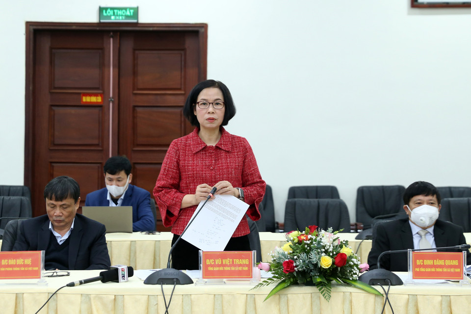 Tổng Giám đốc Thông tấn xã Việt Nam Vũ Việt Trang phát biểu tại buổi làm việc. (Ảnh: Quốc Khánh/TTXVN)