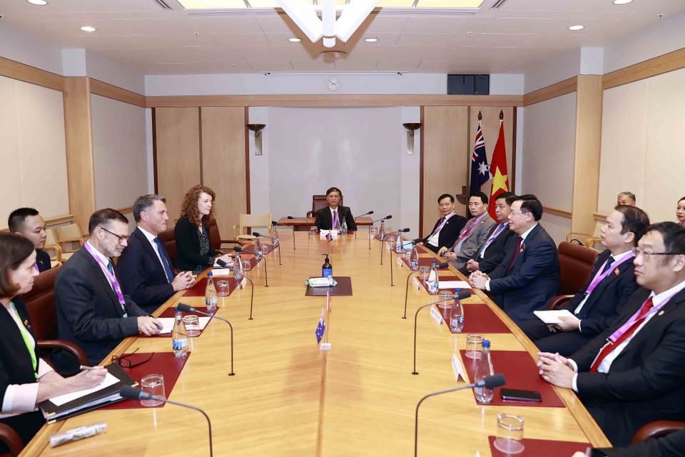 Trong chương trình thăm chính thức Australia, chiều 30/11/2022 (theo giờ địa phương), thủ đô Canberra, Chủ tịch Quốc hội Vương Đình Huệ tiếp Nghị sỹ Richard Marles, Phó Thủ tướng, Bộ trưởng Bộ Quốc phòng Australia. (Ảnh: Doãn Tấn/TTXVN)