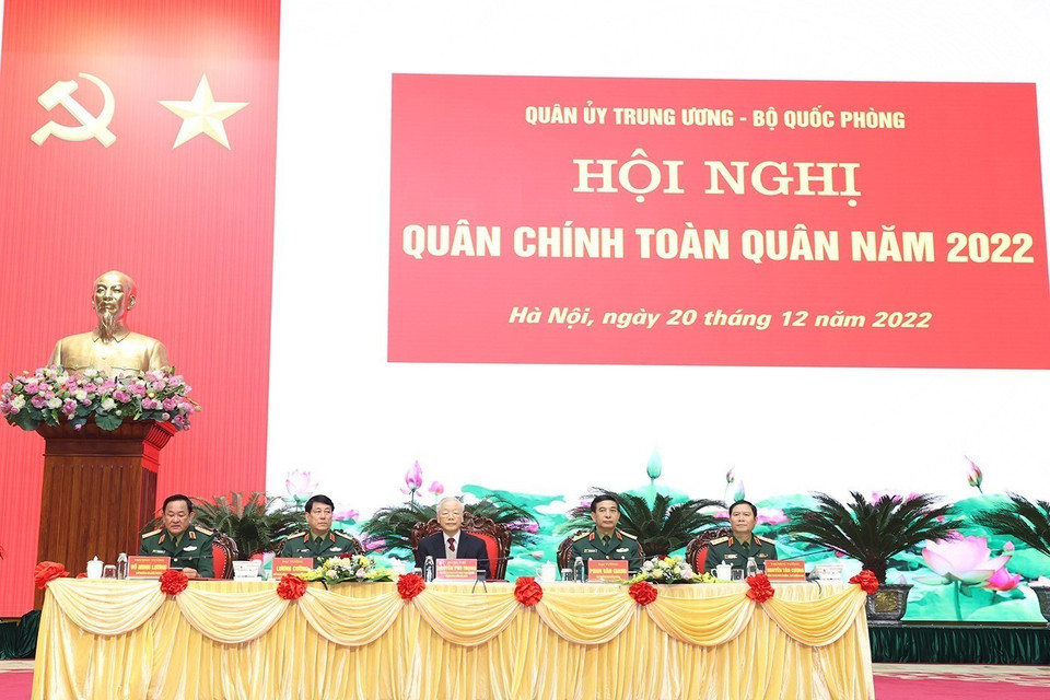 Tổng Bí thư Nguyễn Phú Trọng cùng các lãnh đạo Bộ Quốc phòng chủ trì hội nghị. (Ảnh: Trí Dũng/TTXVN)