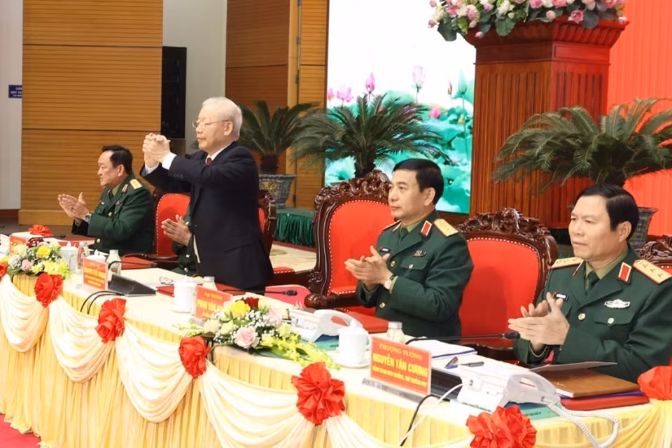 Tổng Bí thư Nguyễn Phú Trọng dự Hội nghị Quân chính toàn quân năm 2022. (Ảnh: Trí Dũng/TTXVN)