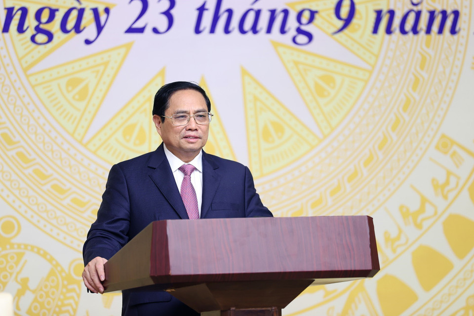 Hình ảnh Thủ tướng Phạm Minh Chính phát biểu tại hội nghị phát triển thị trường khoa học và công nghệ. (Ảnh: Dương Giang/TTXVN)